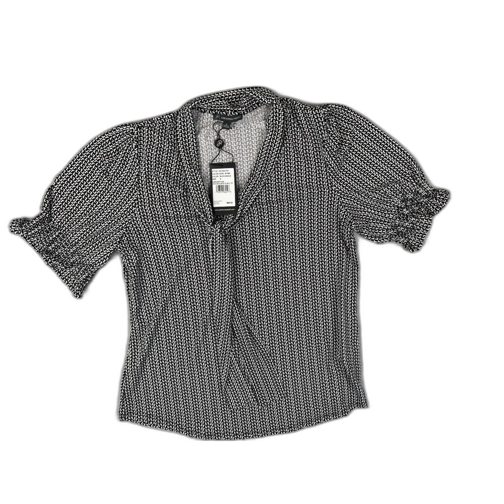 Adrianna Papell Size S Women Top Short Smocked Sleeve Tie Neck Black White Print